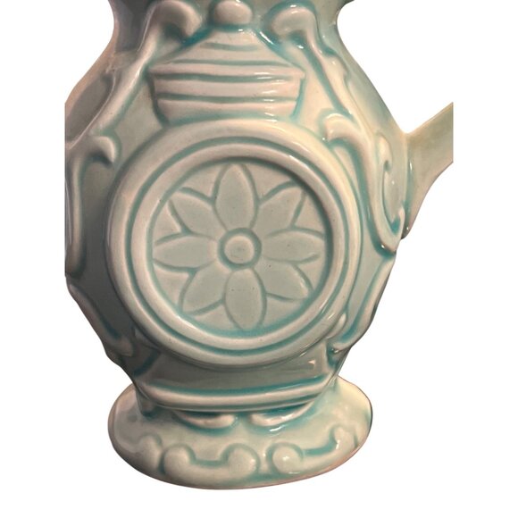 Vintage Norleans Light Blue Teal Ceramic Pitcher Floral Relief Design 4" Tall - Picture 2 of 8